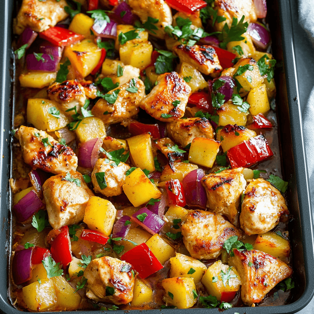 A colorful Hawaiian chicken sheet pan meal with tender chicken, pineapple chunks, red bell peppers, and red onions garnished with fresh cilantro.