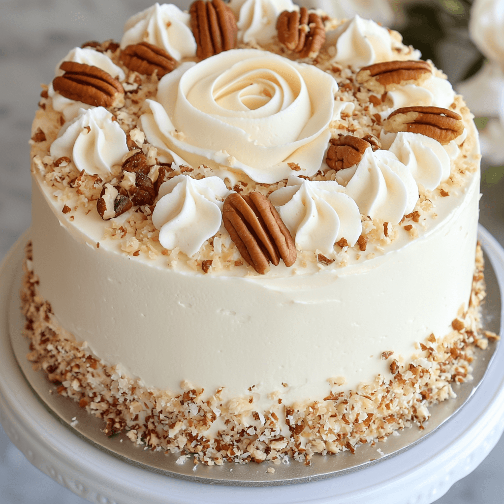 A beautifully decorated Italian Cream Cake with cream cheese frosting, pecan halves, and toasted coconut on a white cake stand.