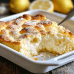 A freshly baked lemon cream cheese dump cake in a white baking dish, dusted with powdered sugar, with a creamy and moist texture.