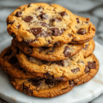 A stack of Levain Bakery Chocolate Chip Cookies, golden brown with gooey chocolate chips.