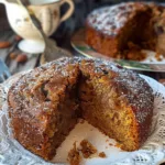 A lovely Amish Applesauce Cake with a moist, spiced interior, dusted with powdered sugar, served on a decorative plate.