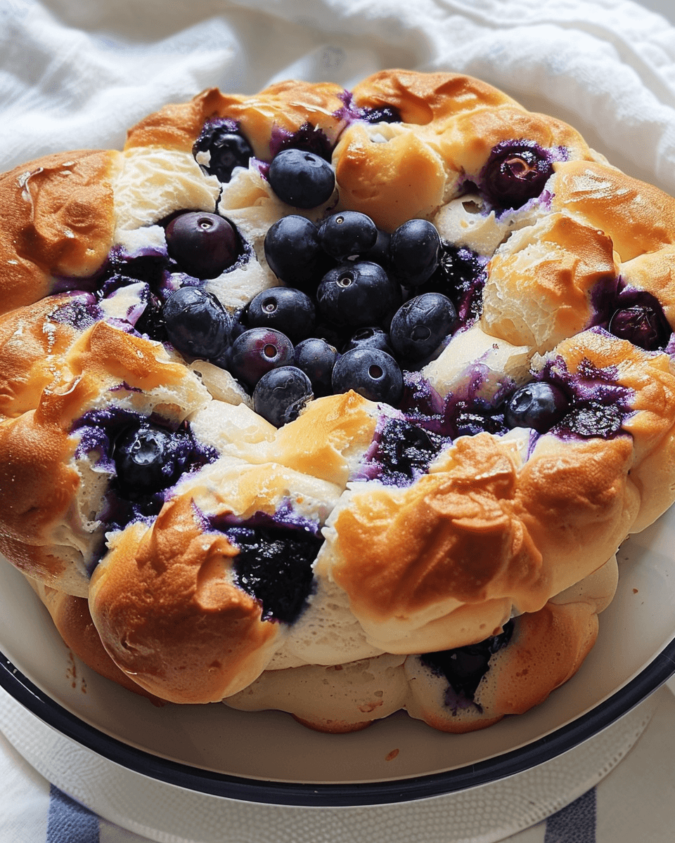 Freshly baked Blueberry Fluffy Cottage Cheese Cloud Bread with golden edges and juicy blueberries on top.