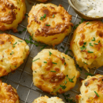 Golden-brown cheesy mashed potato puffs garnished with fresh chives, served with a creamy dipping sauce.