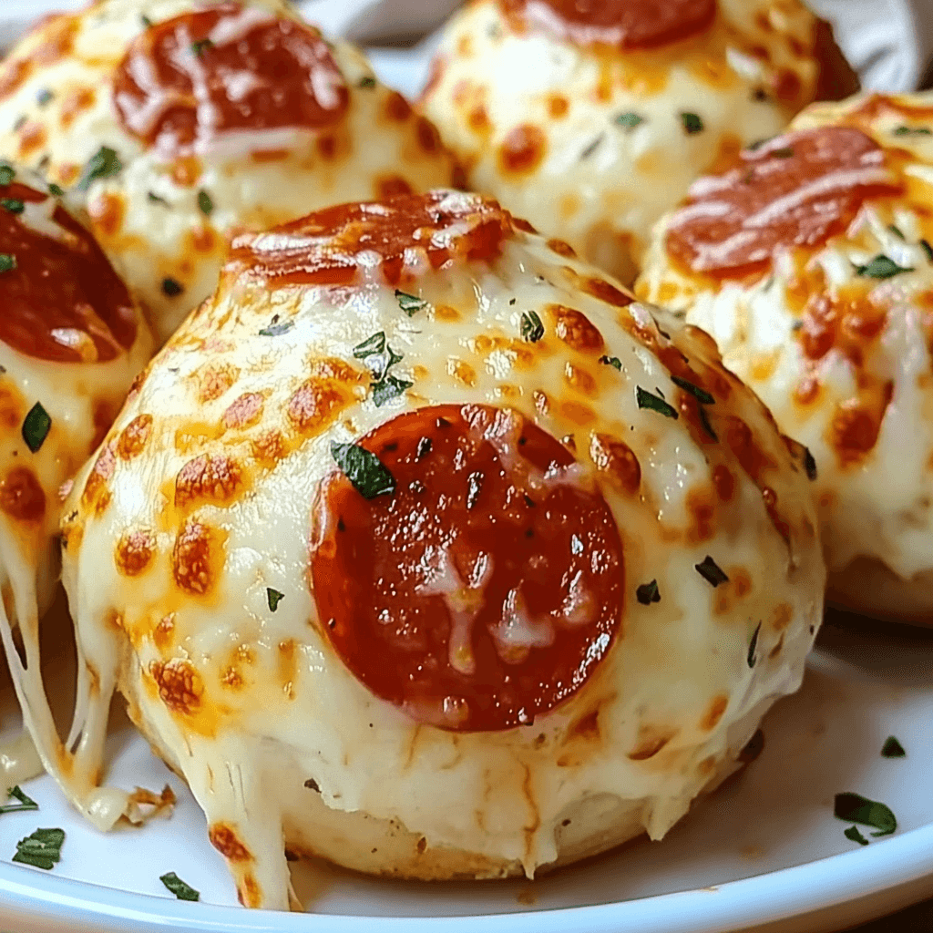 A plate of Lovely Cheesy Pepperoni Pizza Bombs, featuring golden-brown dough filled with gooey melted cheese, pizza sauce, and topped with pepperoni and herbs.