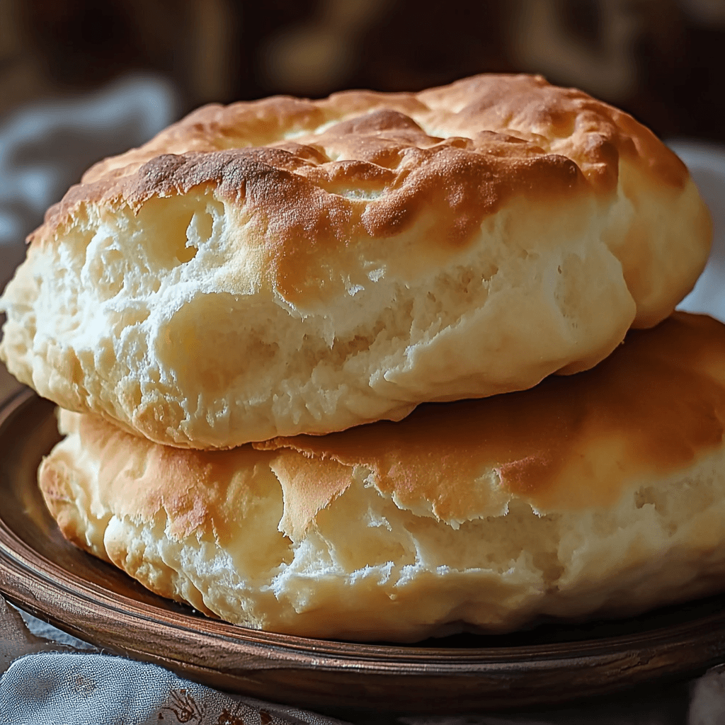 Two pieces of fluffy, golden-brown cottage cheese cloud bread stacked on a rustic wooden plate.