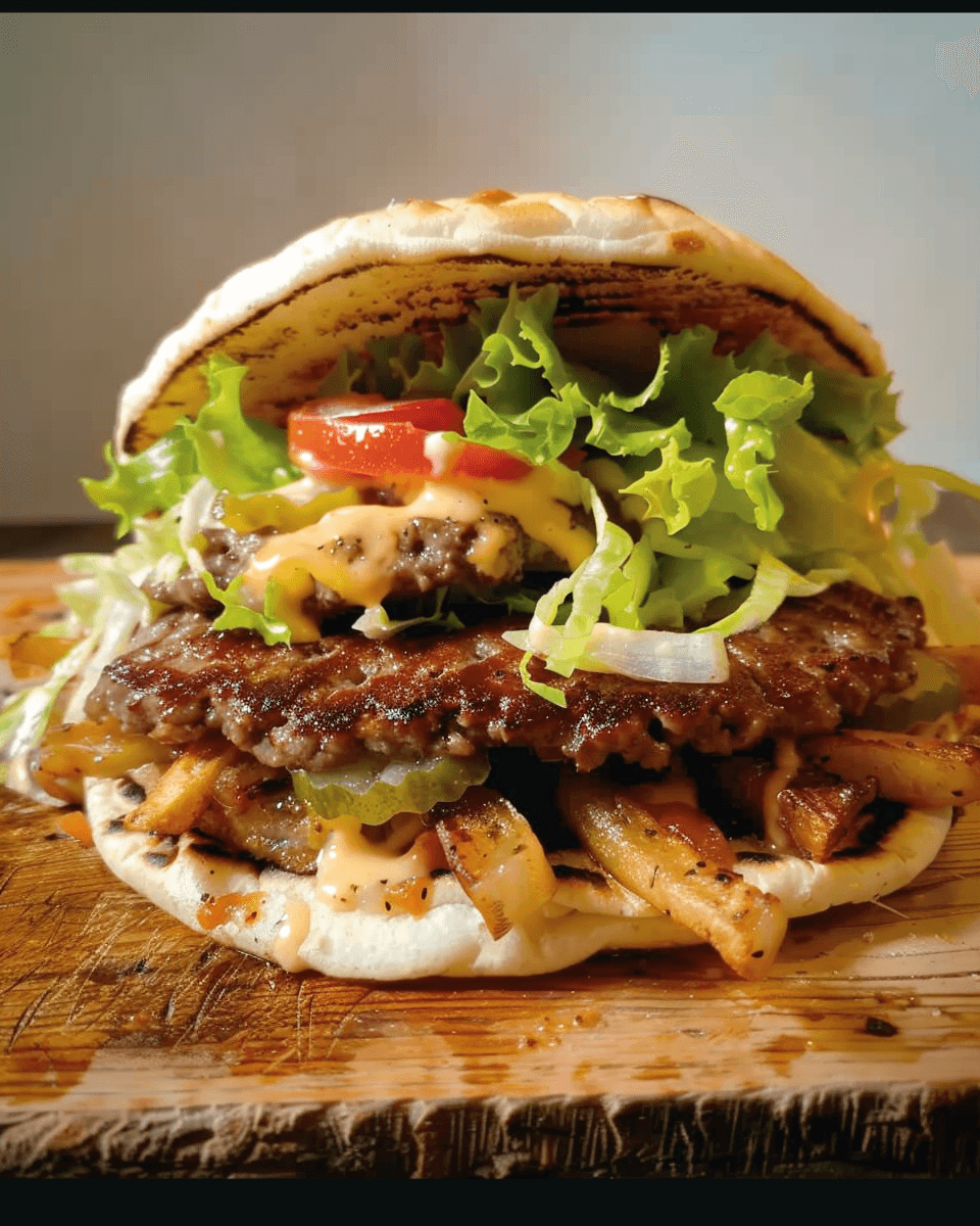 A delicious Lovely Smash Burger Taco featuring two crispy beef patties, melted cheese, fresh lettuce, tomato, pickles, crispy fries, and special sauce, all inside a grilled flatbread.