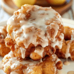 A stack of lovely soft cinnamon apple fritters drizzled with vanilla glaze, served on a plate with fresh apples in the background.