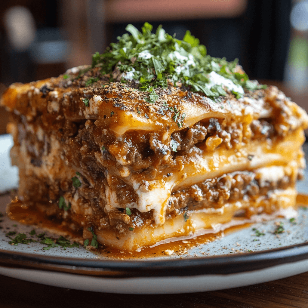 A close-up of a delicious slice of lasagna with layers of pasta, rich meat sauce, creamy cheese, and fresh herbs on top.