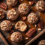 No-bake pecan pie balls garnished with chopped pecans and caramel sauce on a wooden tray