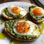 Baked pesto eggs served in roasted potato halves, topped with black pepper and drizzled with olive oil on a white plate.