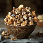 A bowl filled with praline crunch, featuring caramel-coated nuts, chocolate pieces, and a sweet, crunchy texture.