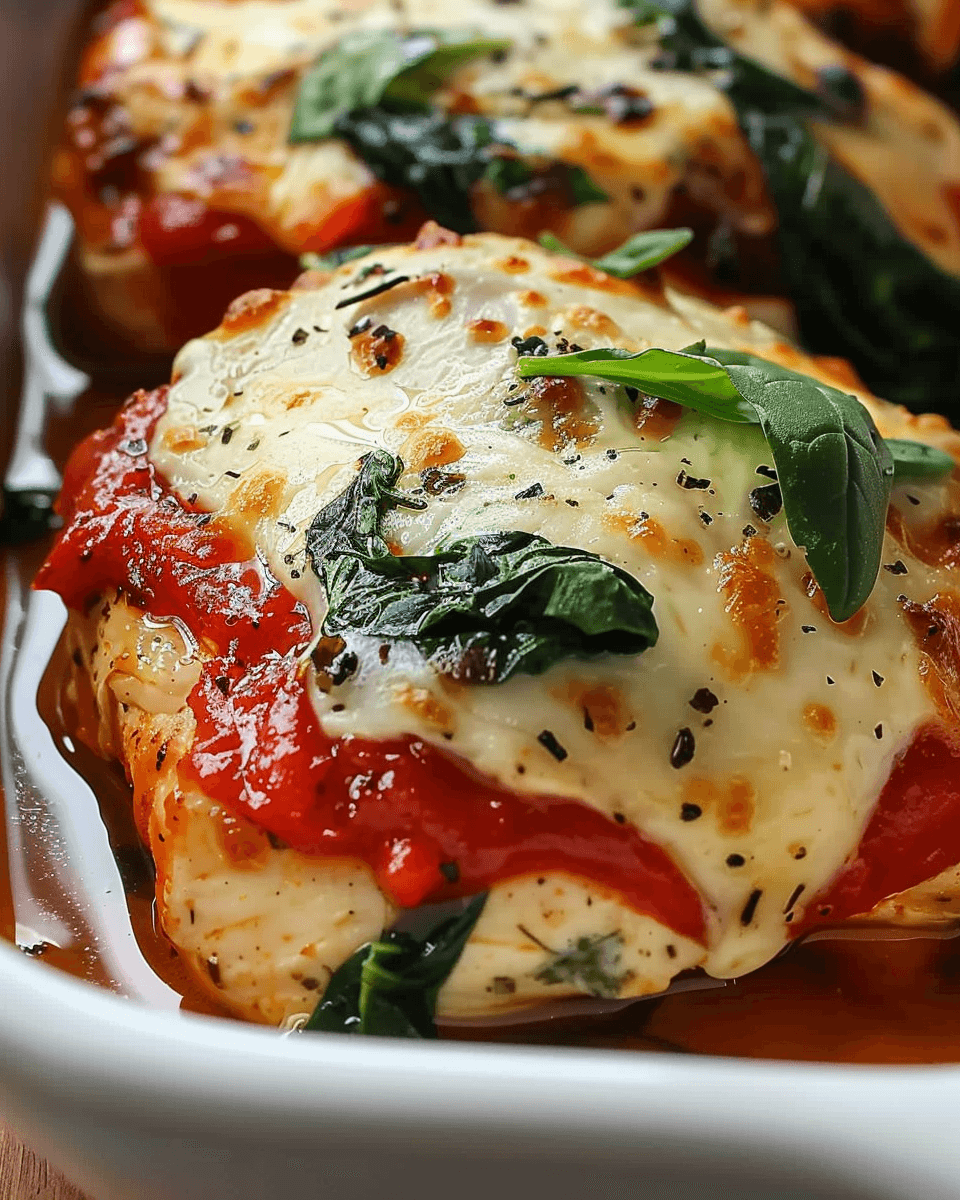 Juicy Roasted Red Pepper Spinach Mozzarella Chicken topped with melted mozzarella, fresh spinach, and roasted red pepper sauce, garnished with basil.
