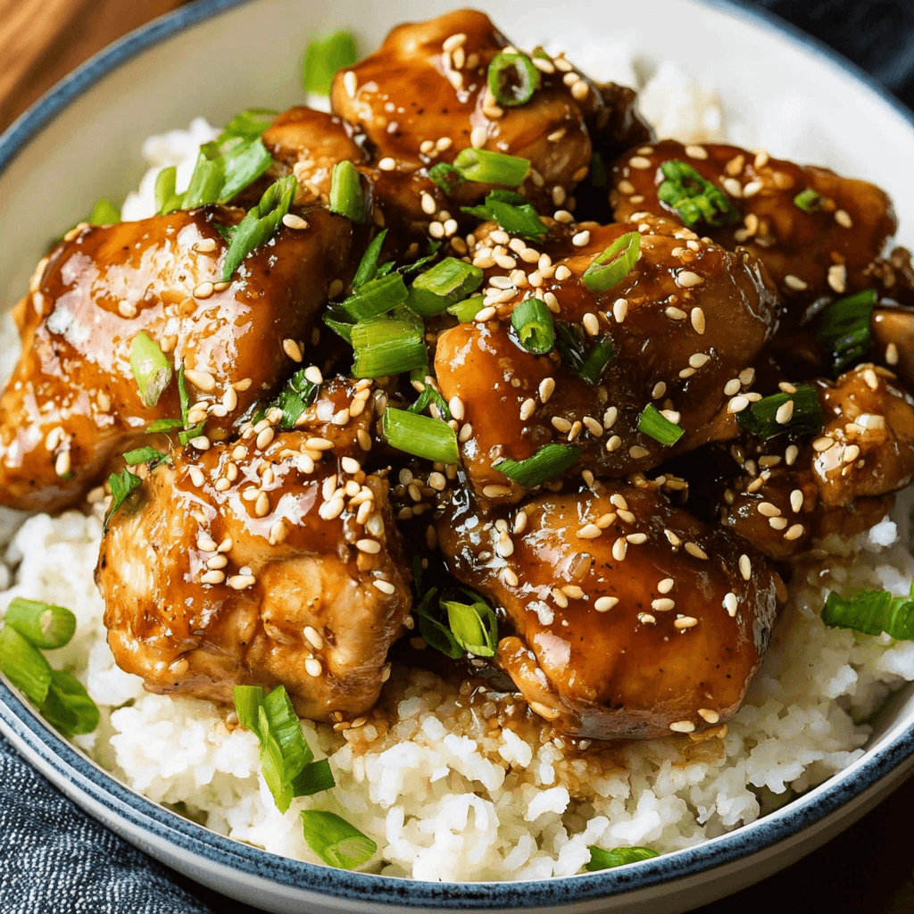 A bowl of Slow Cooker Honey Garlic Chicken served over white rice, garnished with sesame seeds and chopped green onions.