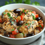 A bowl of Slow Cooker Mediterranean Chicken with tender chicken, olives, tomatoes, and fresh herbs.