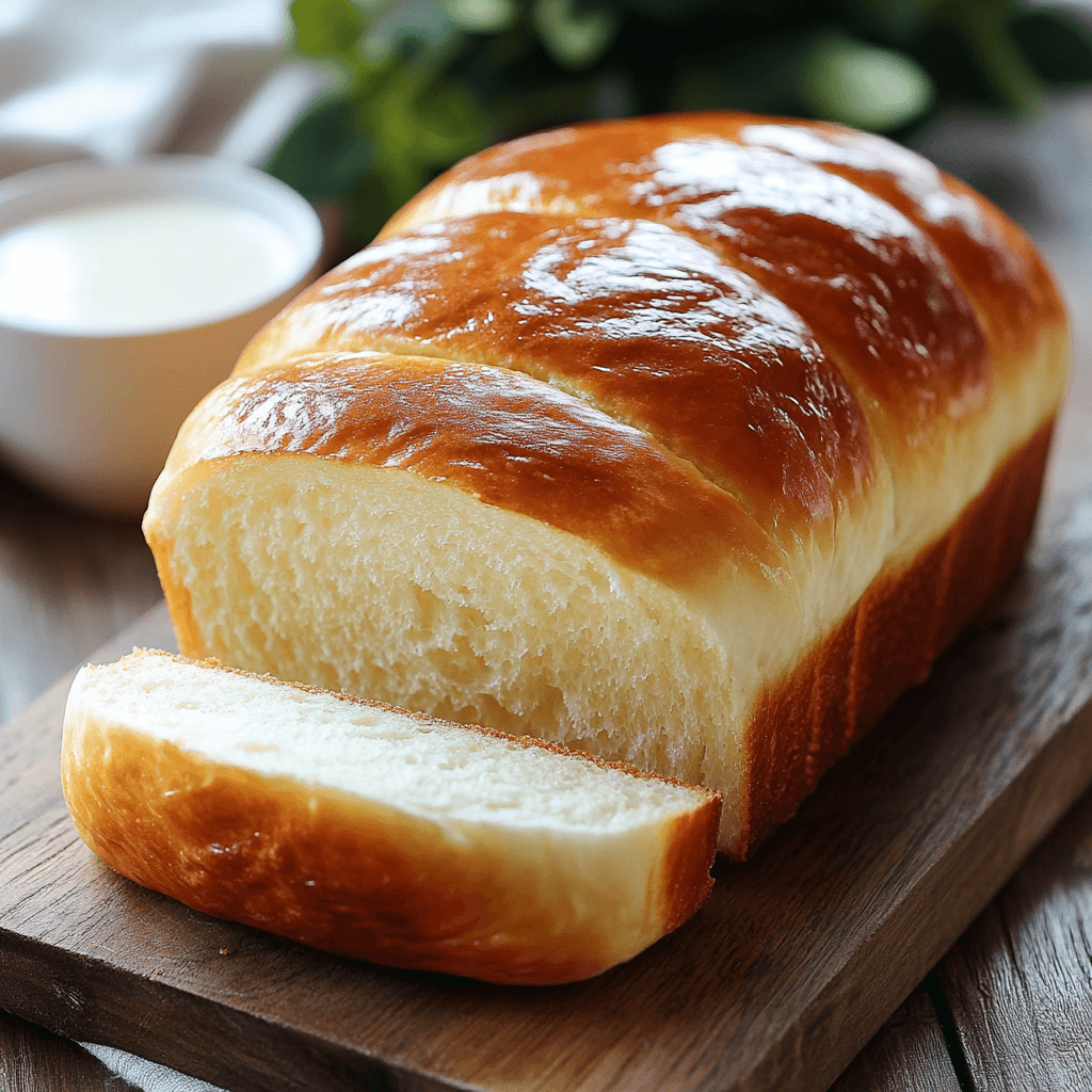 A golden loaf of soft and fluffy condensed milk bread, partially sliced to reveal its light and airy texture, sitting on a wooden cutting board.