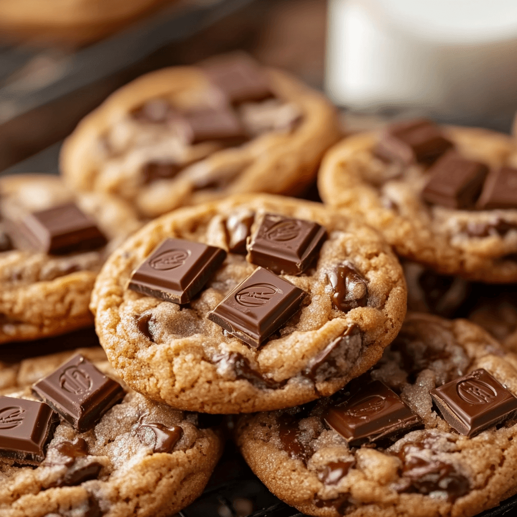 Close-up of soft, freshly baked chocolate chip cookies topped with chunks of chocolate and served with a glass of milk