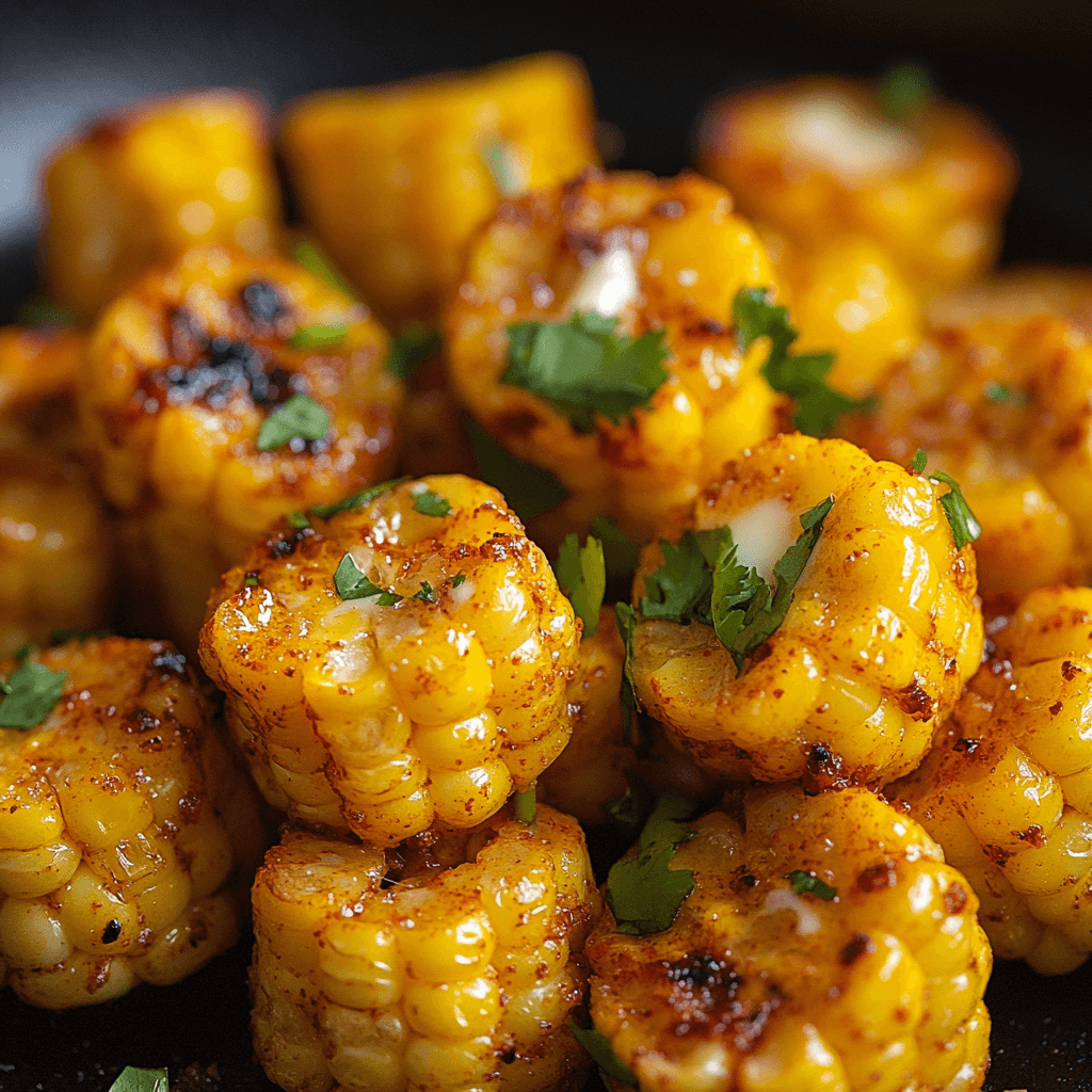 Close-up of spicy Mexican corn bites, charred and seasoned with chili powder, garnished with fresh cilantro