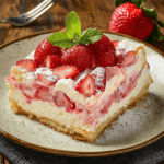 A slice of strawberry cheesecake dump cake topped with fresh strawberries, powdered sugar, and a sprig of mint on a rustic plate.