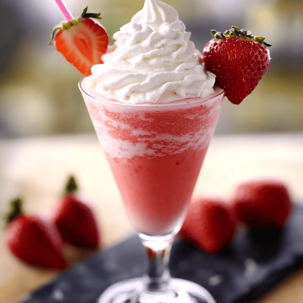 A refreshing Strawberry Cream Cocktail in a tall glass, topped with whipped cream and garnished with fresh strawberries on the rim and a pink straw.