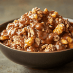 A bowl filled with rich caramel-coated nuts and oats, creating a sweet and crunchy treat.