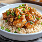 A plate of Sweet Hawaiian Crockpot Chicken served over rice, topped with a rich, glossy sauce and garnished with chopped green onions.