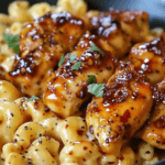 Glazed honey pepper chicken served over creamy macaroni and cheese, garnished with parsley and a sprinkle of red pepper flakes.