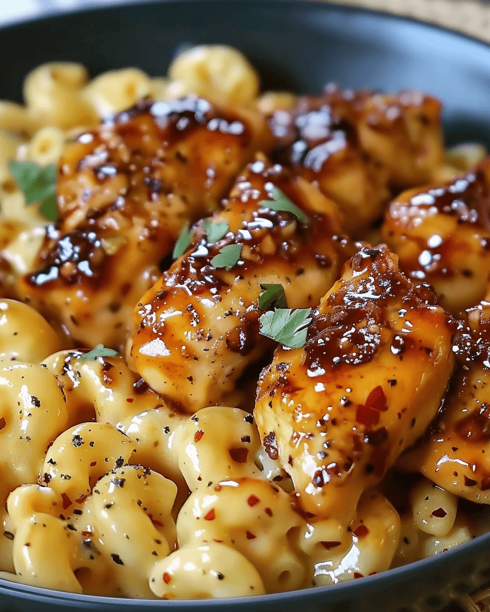 Glazed honey pepper chicken served over creamy macaroni and cheese, garnished with parsley and a sprinkle of red pepper flakes.