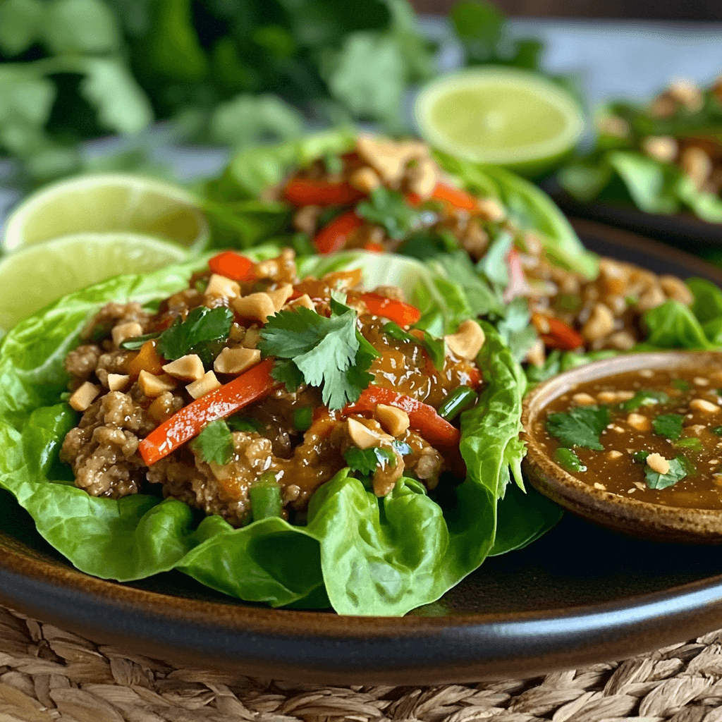 Fresh and vibrant Thai chicken lettuce wraps topped with chopped peanuts, red bell peppers, and cilantro, with lime wedges and dipping sauce on the side.