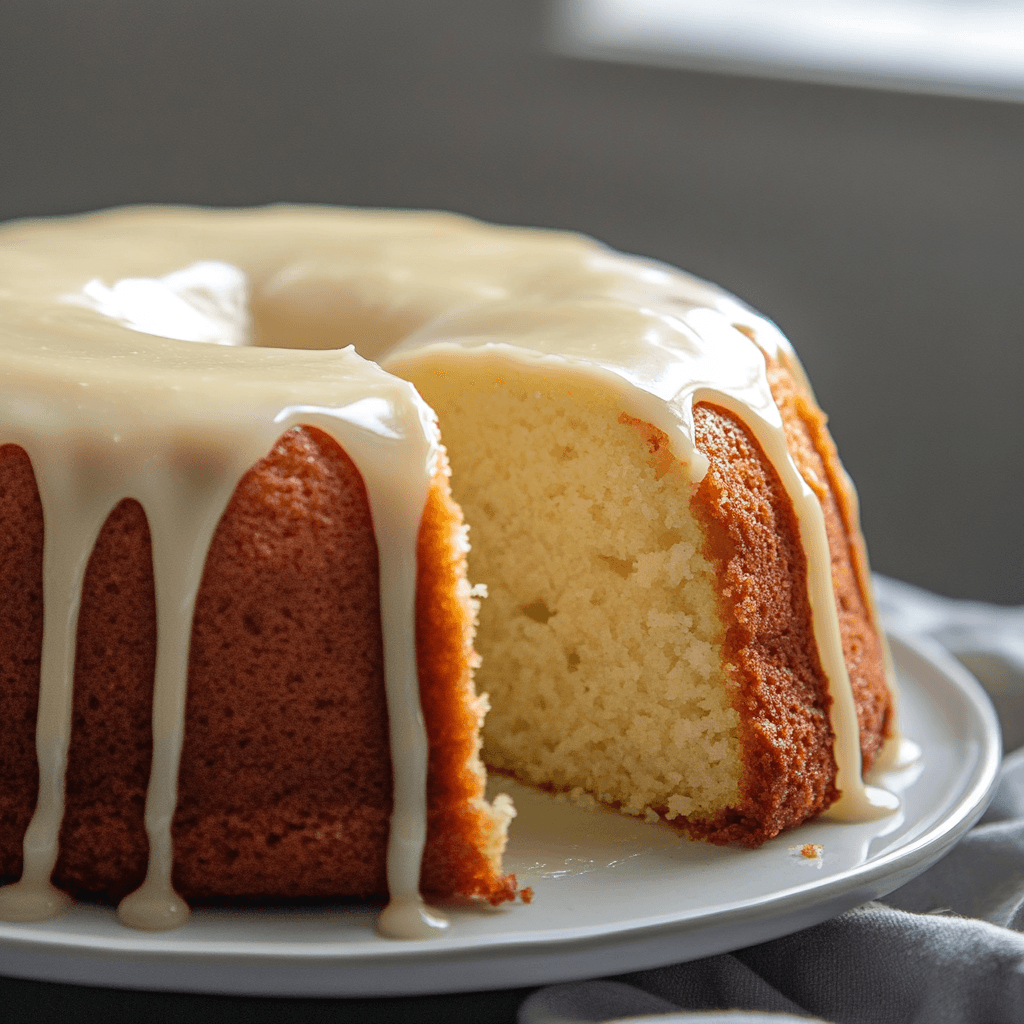 Close-up of a moist vanilla buttermilk pound cake topped with a smooth glaze, with a slice removed to reveal its fluffy interior