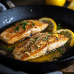 Two golden pan-seared fish fillets topped with fresh herbs and served with lemon butter sauce in a skillet.