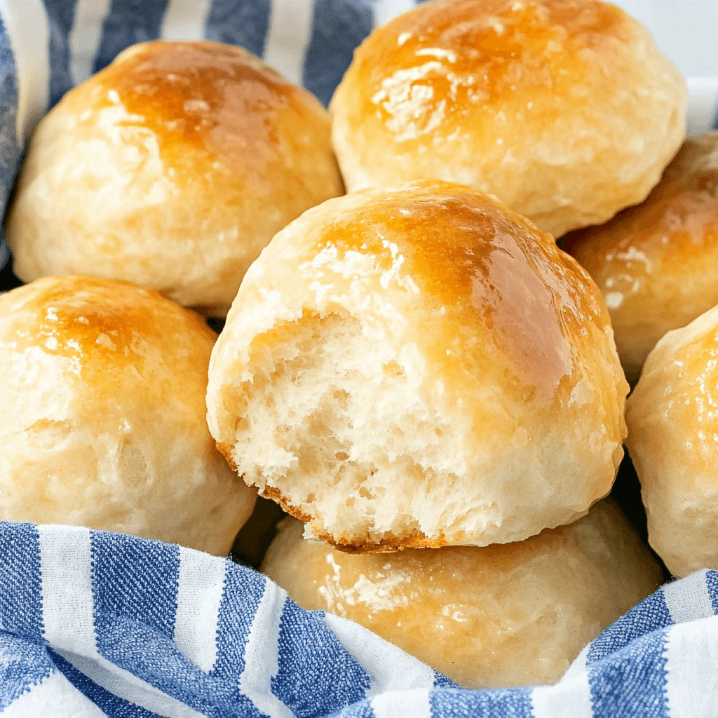 Fluffy and golden no-yeast dinner rolls with a soft, airy texture and a glossy finish, served in a striped cloth-lined basket.