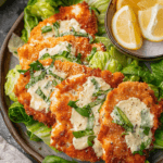 Crispy, golden air-fried chicken cutlets topped with creamy Caesar dressing, fresh basil, and Parmesan, served on a bed of lettuce.