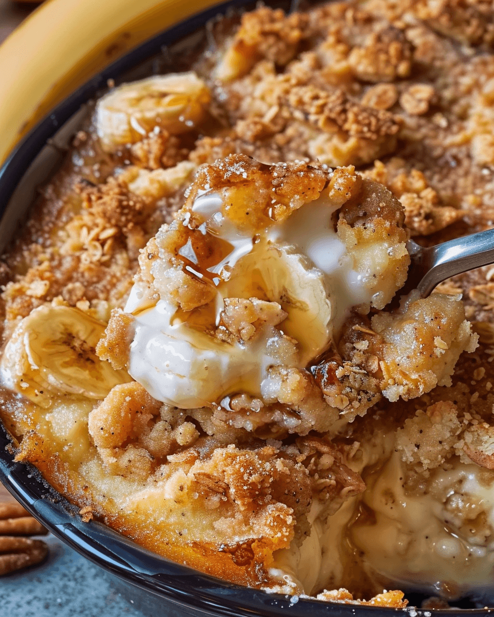 A close-up of a warm banana bread cobbler with a golden crumbly topping, fresh banana slices, and a drizzle of syrup.