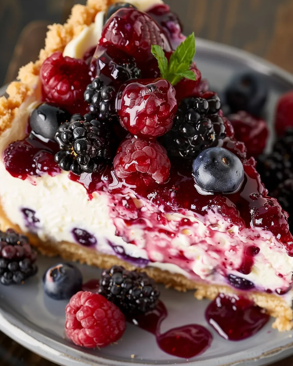 A slice of berry cottage cheese cheesecake with a golden crust, creamy filling, and topped with fresh raspberries, blackberries, and blueberries drizzled with berry sauce.