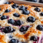 A golden-brown blueberry cottage cheese breakfast bake, topped with juicy blueberries and a creamy, protein-packed texture.