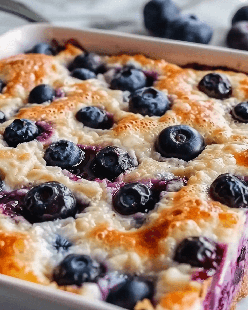 A golden-brown blueberry cottage cheese breakfast bake, topped with juicy blueberries and a creamy, protein-packed texture.