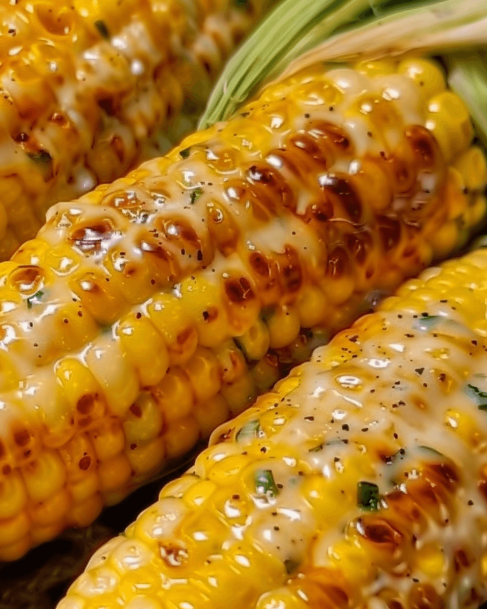 Grilled corn on the cob smothered in rich garlic butter and topped with melted cheese, seasoned with herbs and spices for a flavorful bite.