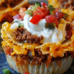 A close-up of a cheesy taco cupcake with layers of seasoned beef, melted cheddar cheese, crispy tortilla pieces, and topped with sour cream, diced tomatoes, and jalapeños.