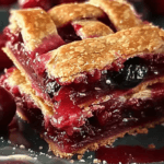 A close-up of delicious Cherry Pie Bars with a golden, flaky crust, gooey cherry filling, and a crisp sugar-dusted lattice topping.