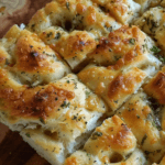 A close-up of freshly baked homemade focaccia bread, golden brown with crispy edges, fluffy interior, and topped with melted cheese, herbs, and garlic.