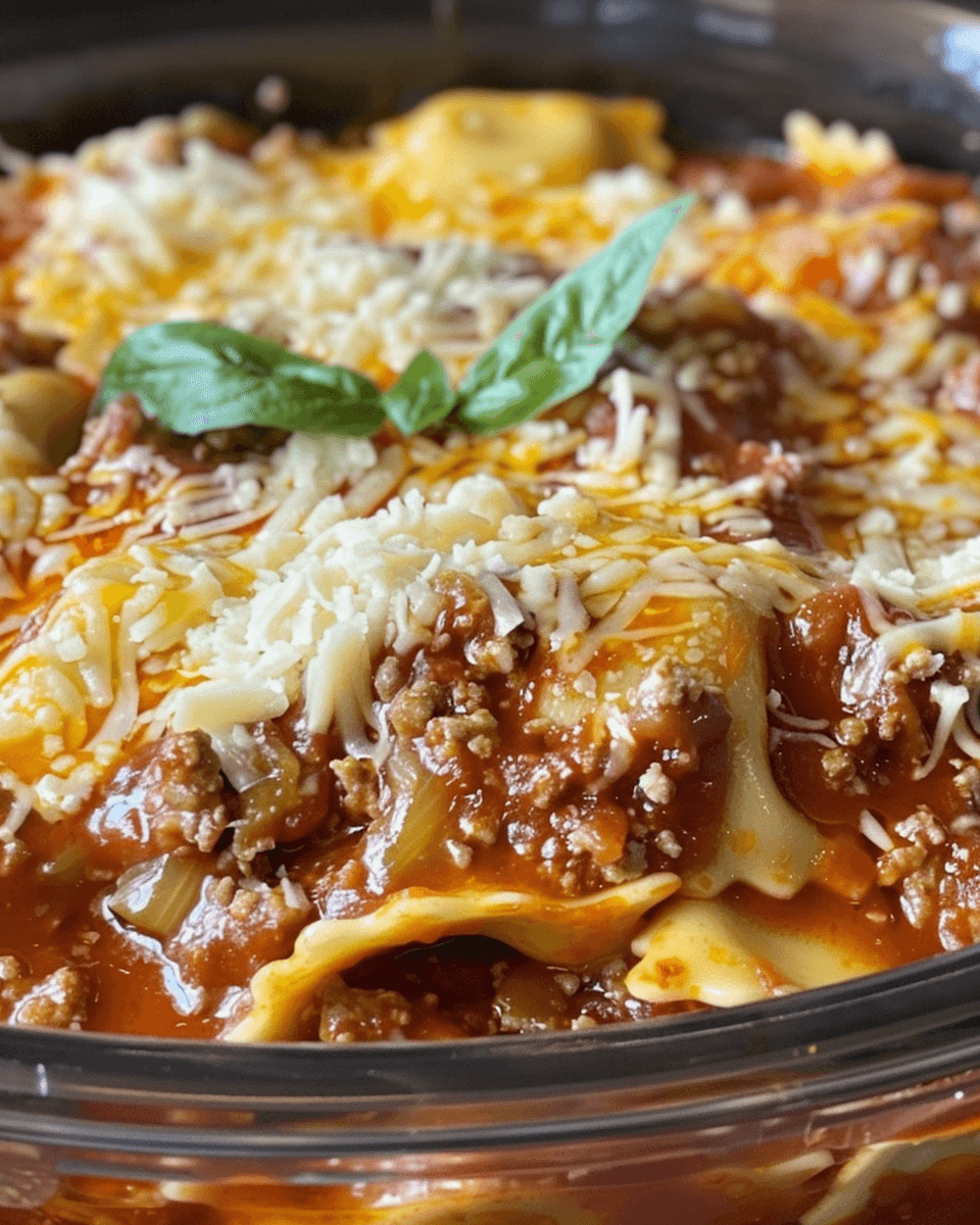 Close-up of crockpot ravioli lasagna topped with melted cheese, meat sauce, and fresh bas