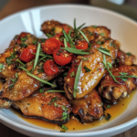 A plate of sweet and spicy honey garlic wings, glazed to perfection, garnished with fresh rosemary, herbs, and cherry peppers.