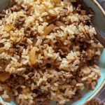 A bowl of French Onion Ground Beef and Rice Casserole with tender rice, savory ground beef, and caramelized onions.