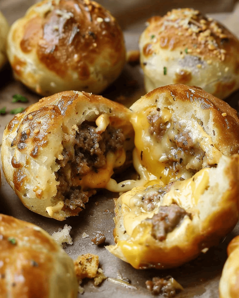 Close-up of Garlic Parmesan Cheeseburger Bombs, featuring golden, flaky dough filled with juicy beef and melted cheese, topped with garlic butter.