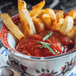 Close-up of a bowl of homemade ketchup with crispy golden fries, garnished with fresh rosemary, served in a decorative floral-patterned bowl.