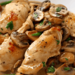 A plate of juicy, golden-browned chicken breasts smothered in a creamy mushroom sauce, garnished with fresh parsley and served with green beans.