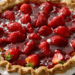 A fresh strawberry pie with a flaky crust, glossy strawberry glaze, whipped cream, and whole strawberries on top.