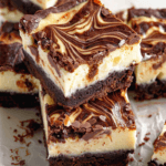 Fudgy cheesecake brownies with a rich chocolate base and a creamy cheesecake layer, swirled beautifully for a decadent treat.