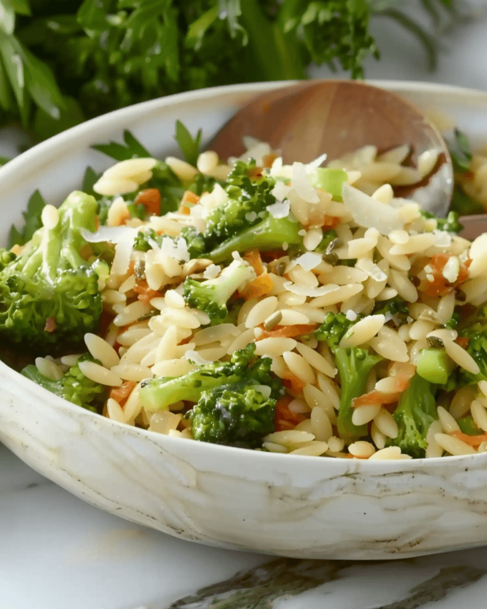 A bowl of Lovely Creamy Parmesan Orzo with Broccoli, featuring tender orzo pasta, vibrant broccoli, and Parmesan cheese, garnished with fresh herbs.