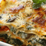 A close-up of creamy spinach and mushroom lasagna with layers of cheese, fresh spinach, and mushrooms, topped with golden, bubbly cheese and basil